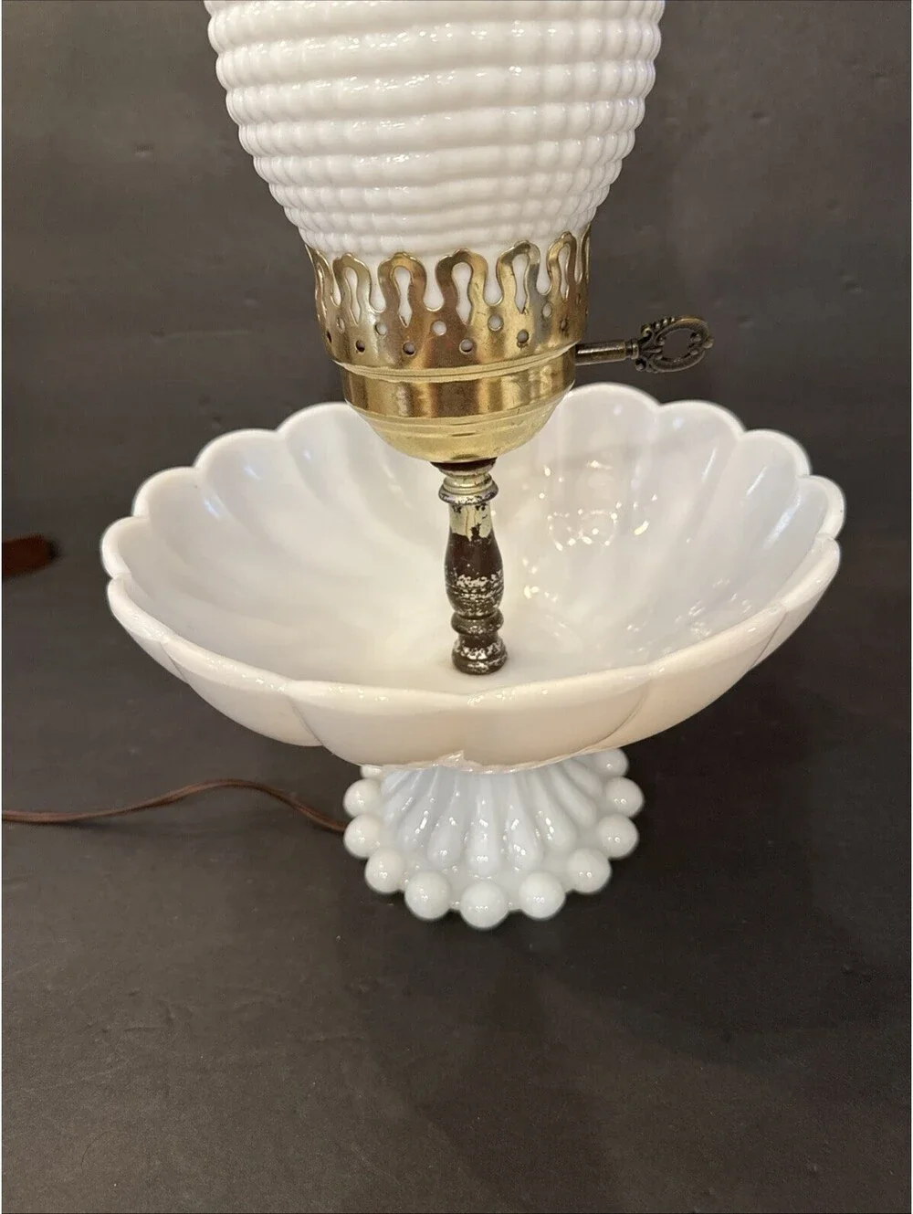 Rare Vintage Milk Glass Hurricane Lamp Bowl Trinket Base 17.5” H By 9” W Gold